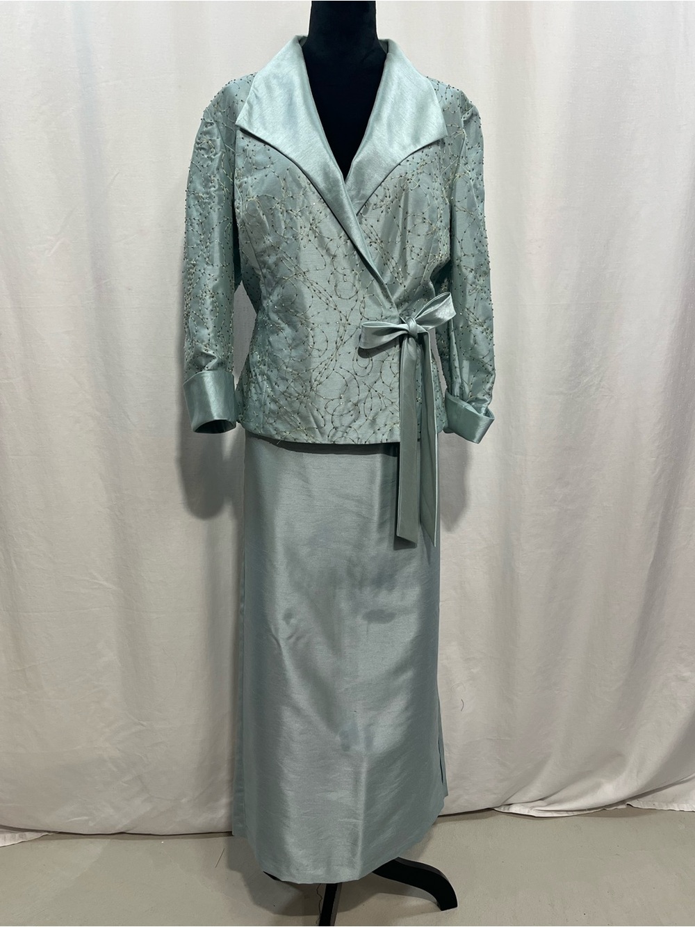 Cachet silver blue beaded wrap jacket with Maxi Skirt Set. Wedding formal.
